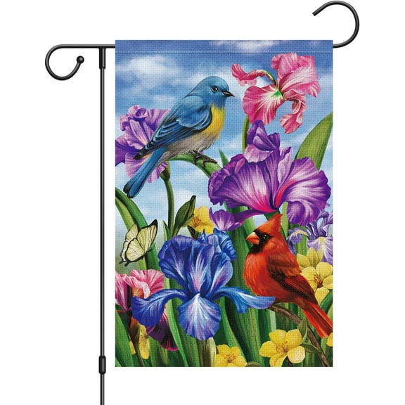 Spring Summer Birds and Iris Garden Flag 12 x 18 Inch Double Sided, Cardinal and Bluebird Floral Yard Flag for Outdoor Porch Lawn Patio Garden Decor