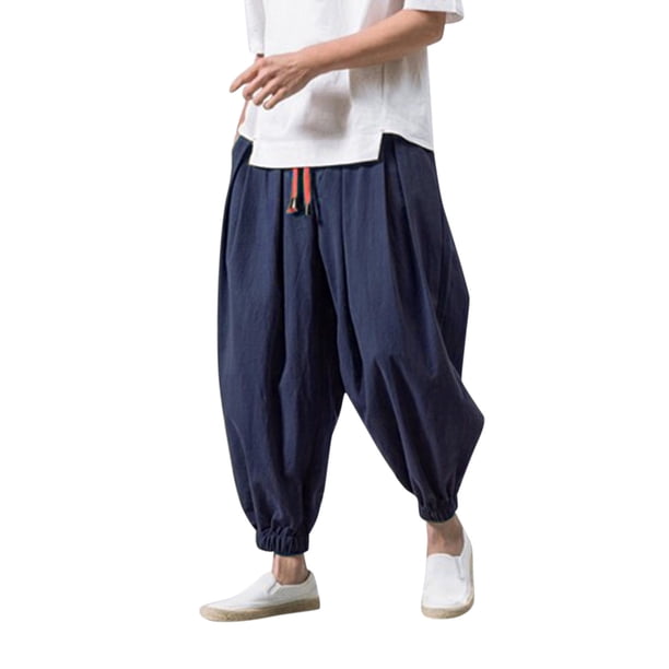 Pantalones harem holgados de algodón y lino para hombre - Pantalones anchos lisos para yoga - Informales/para la playa, aptos para todas las estaciones