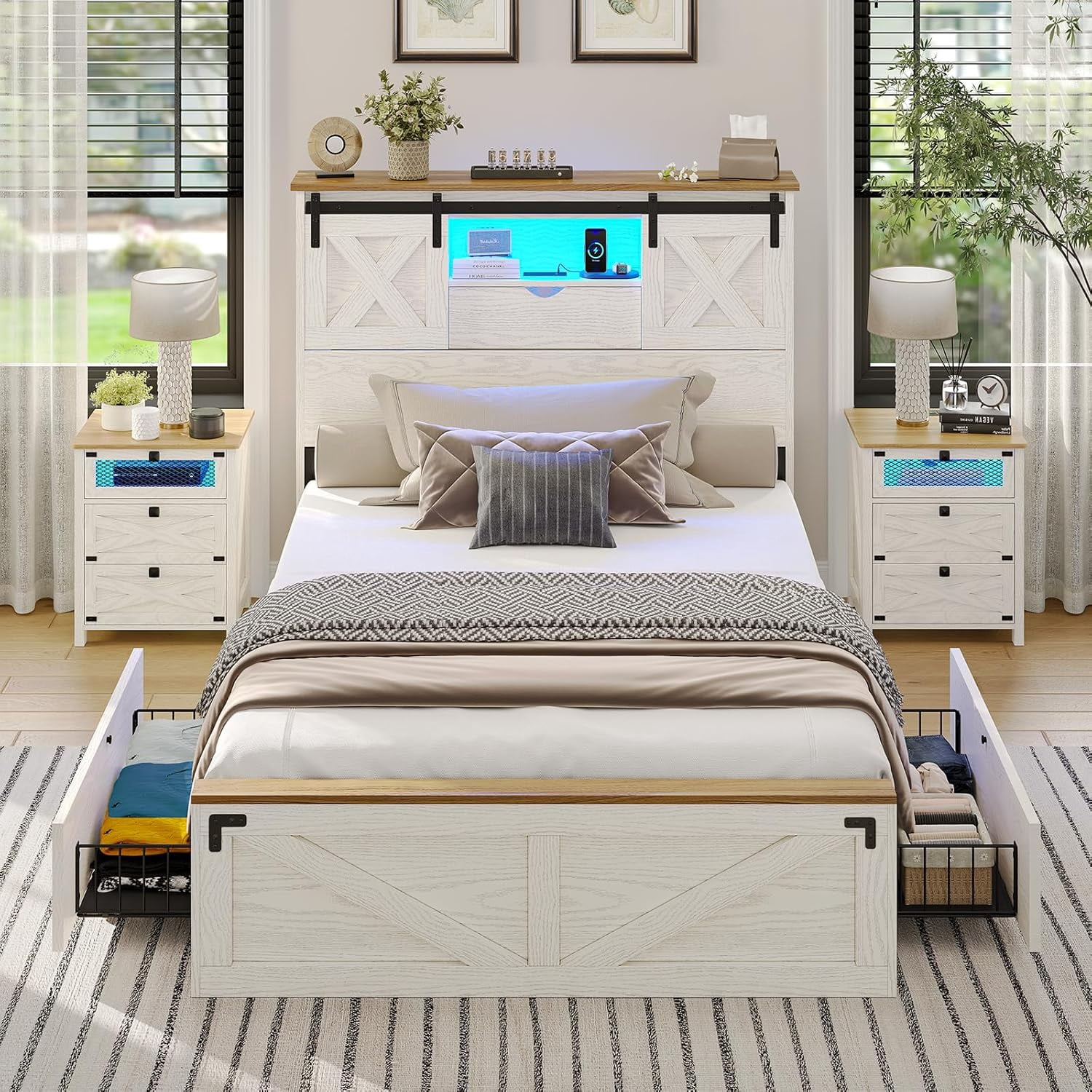Farmhouse Twin XL Size Bed Frame with LED Lights, Charging Station, Wooden Twin XL Bed with Storage Bookcase Headboard, 2 Drawers, Country Rustic Bed Frame with Sliding Barn Door,White