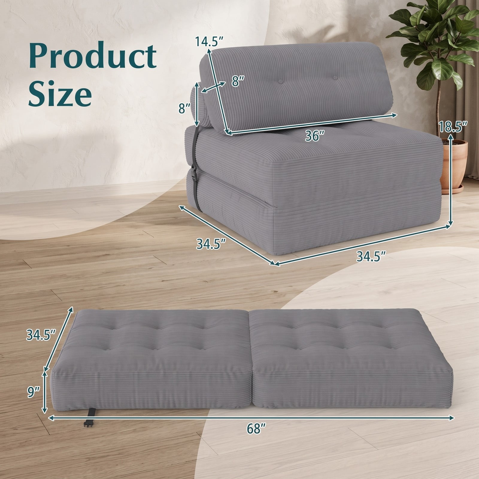 Furnibear Folding Sofa Bed with Pillow and Back Support, 3-in-1 Convertible Corduroy Floor Couch Sleeper Lounger for Living Room Bedroom Guest Room, 355 lbs, Gray