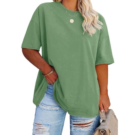 Langwyqu Plus Size Women Solid Color Round Neck Short Sleeve Casual T-Shirt Blouse