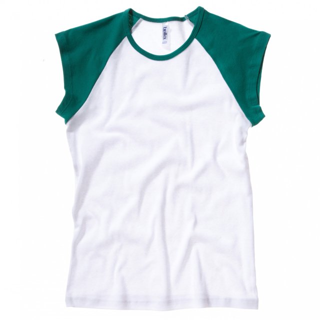 B&C Camiseta de manga corta en canalé fino con mangas de diferente color chica/mujer (Blanco/Verde)