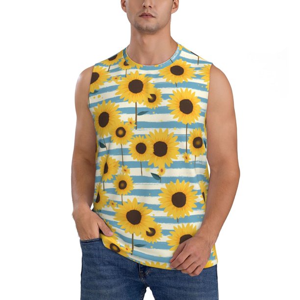 Fotbe Blue White Striped Sunflower A Men's Camiseta sin Mangas Estampada para Hombres, Playera Casual para Gimnasio, Entrenamiento, Playa-Large