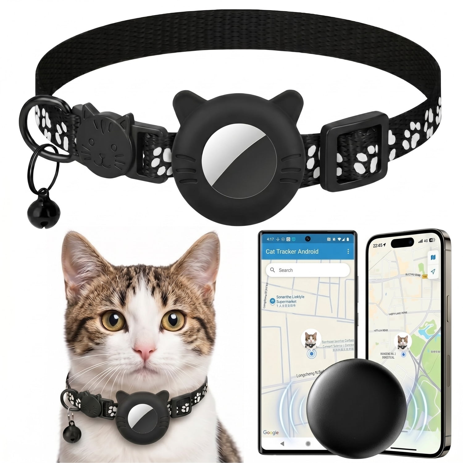 WAAYEEPAL Pet Tracker Collar for Cats, Bluetooth Anti-Lost Tag, No Subscription, Works with Apple Find My & Google Find Device, Black