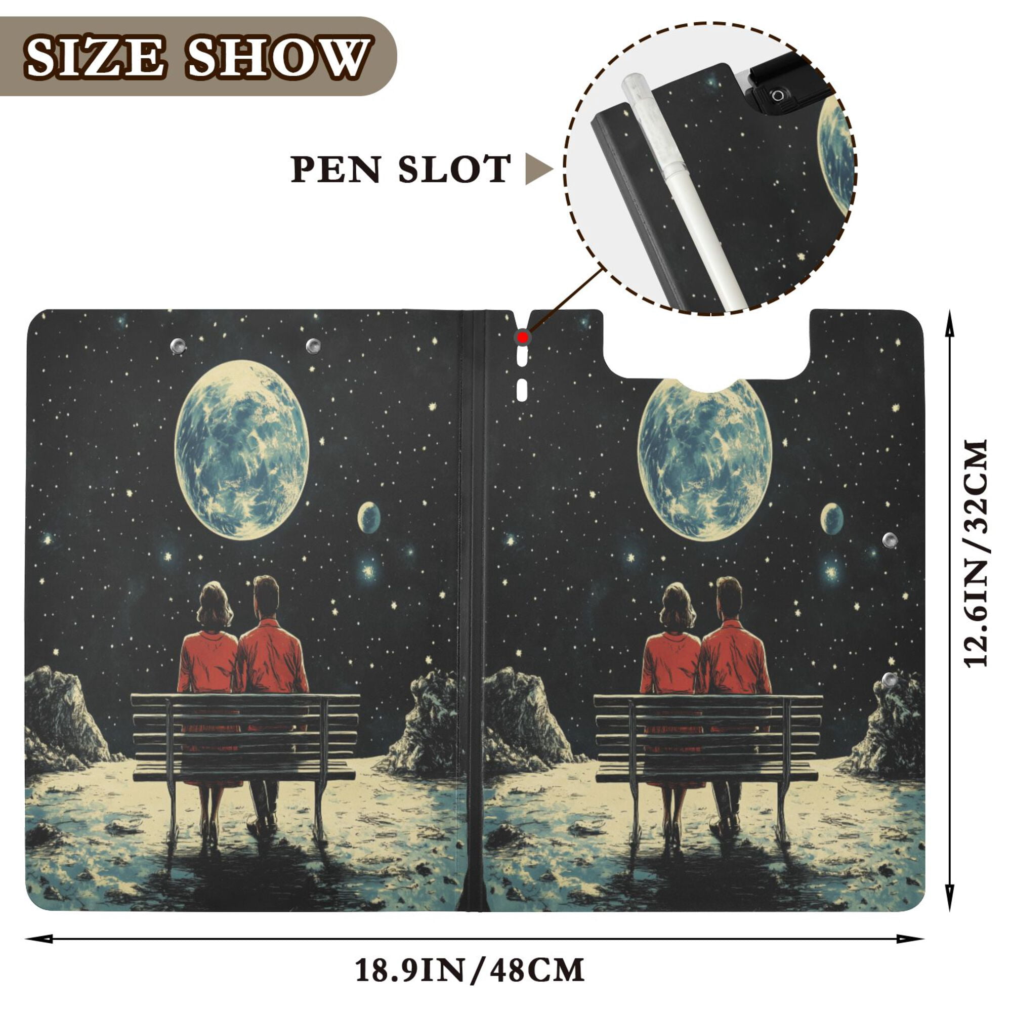FORMRS A4 Clipboard Folder with Pen Holder Horizontal Foldable School Office Binder, Red Sitting on The Moon