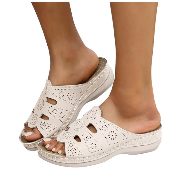 Rokment Womens Wedges Slides Sandals Comfortable Orthopetic Leather Memory Foam Arch Support Platform Walking Slip on Beach Summer Dress Slippers Beige Size 6