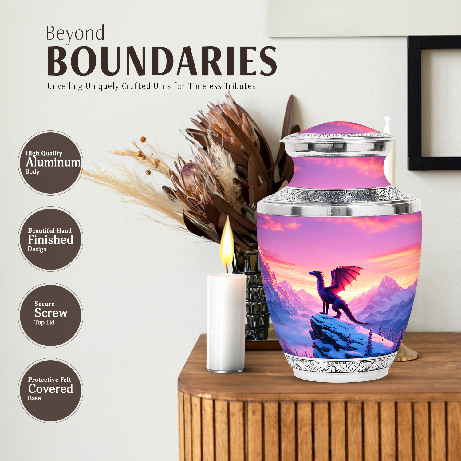JAGASY Dragon Urn for Human Ashes for Women, Pink Large Urn for Ashes Adult Male, Snowy Mountain & Sunset Decorative Urns for Father, Memorial Cremation Urns for Mother, (10 Inch)