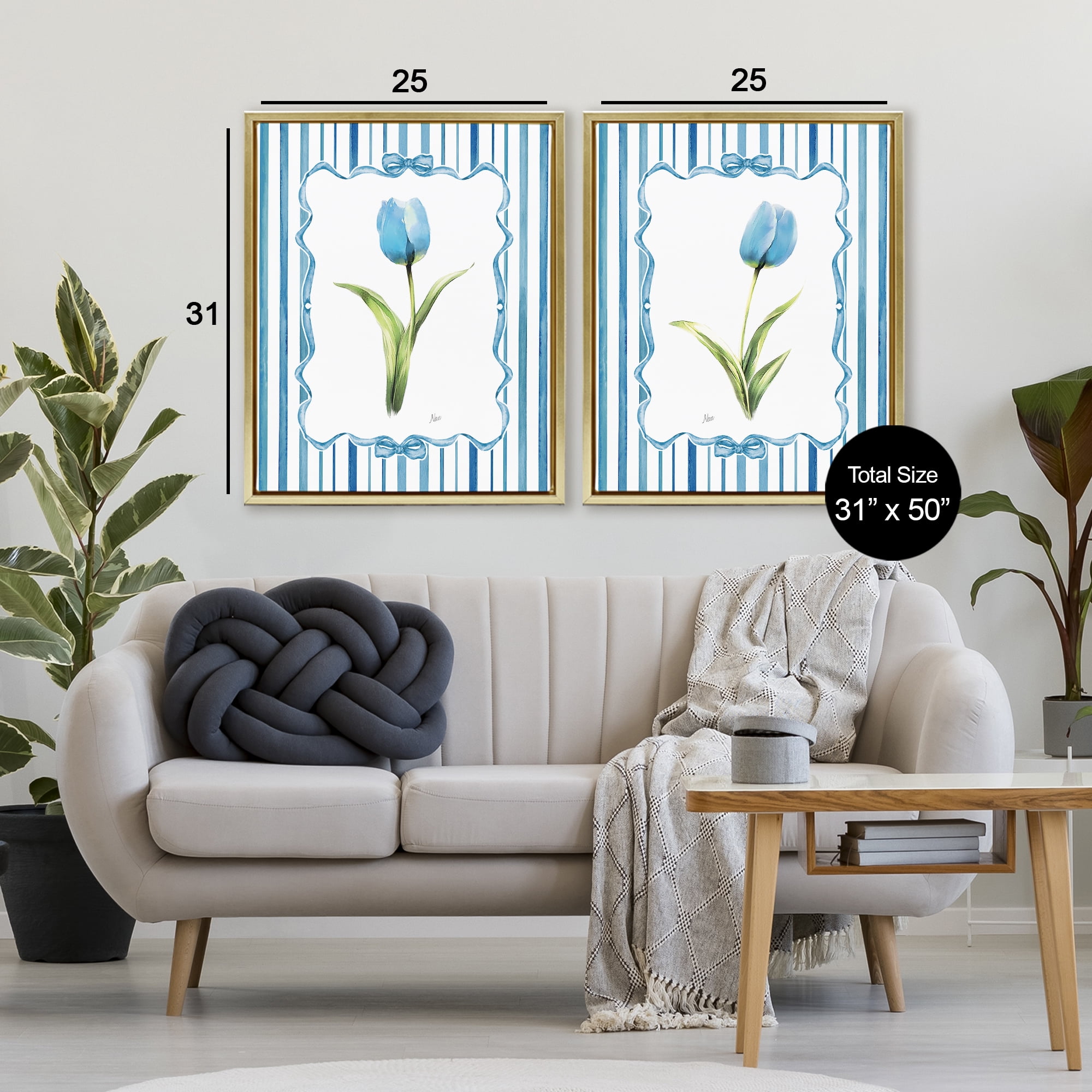 Stupell Industries Blue Tulips with Feminine Ribbon 2 Piece Gold Framed Floater Canvas Set, design by Nan
