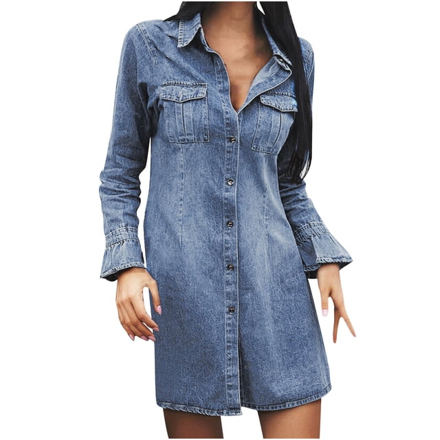 Vestido corto de mezclilla con cuello redondo y manga larga ajustado a la moda de verano para mujer Fridja yut630