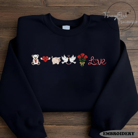 Embroidered "Love" Sweatshirt with Teddy Bear, Heart, Dove, Pig & Roses, Perfect Valentine's Gift