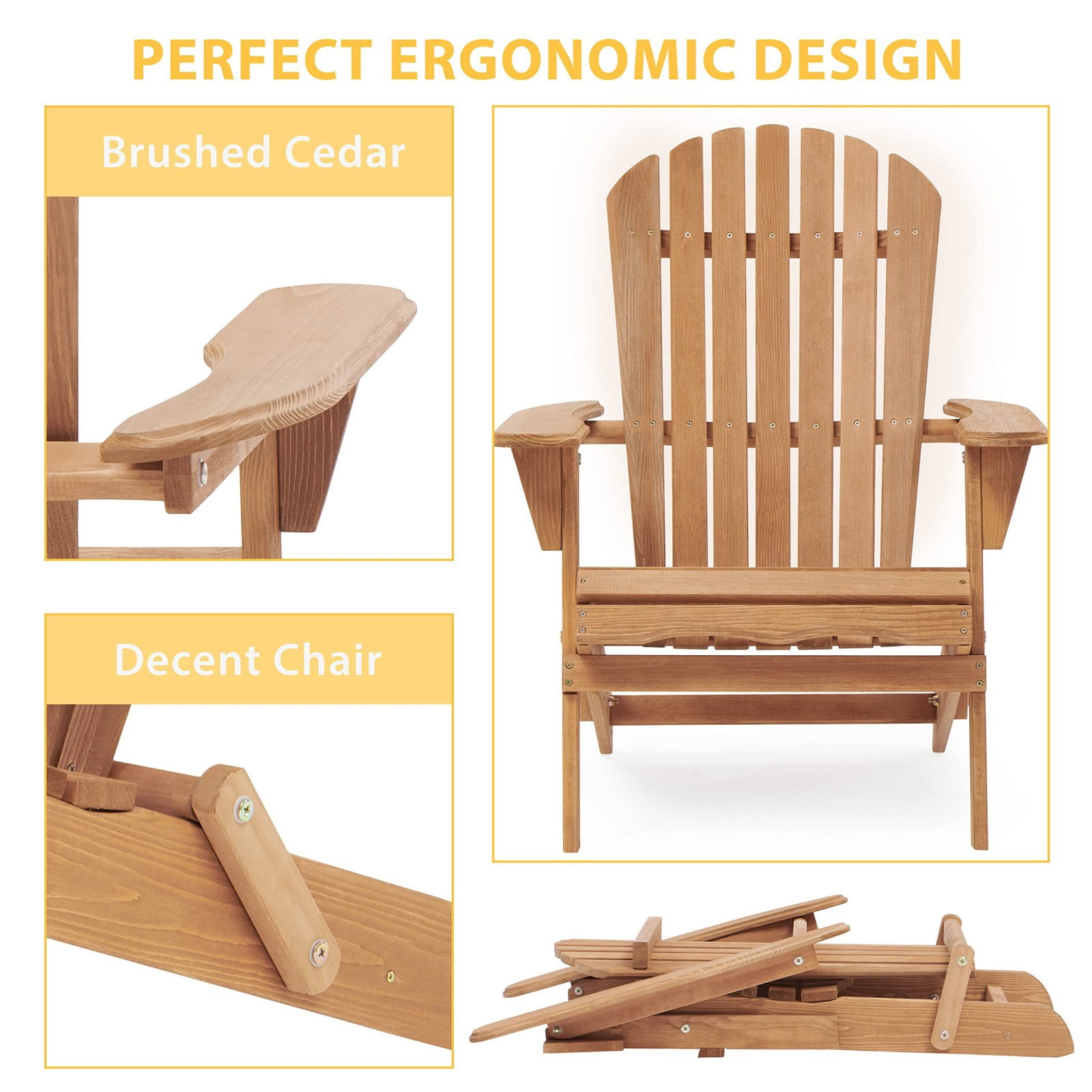 Hitop&nbsp;Wooden Outdoor Folding Adirondack Chair Set of 2 Wood Lounge Patio Chair for Garden,Garden, Lawn, Backyard, Deck, Pool Side, Fire Pit,Half Assembled,