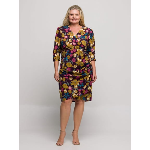 Plus Size Floral Faux Wrap Knee Length Dress