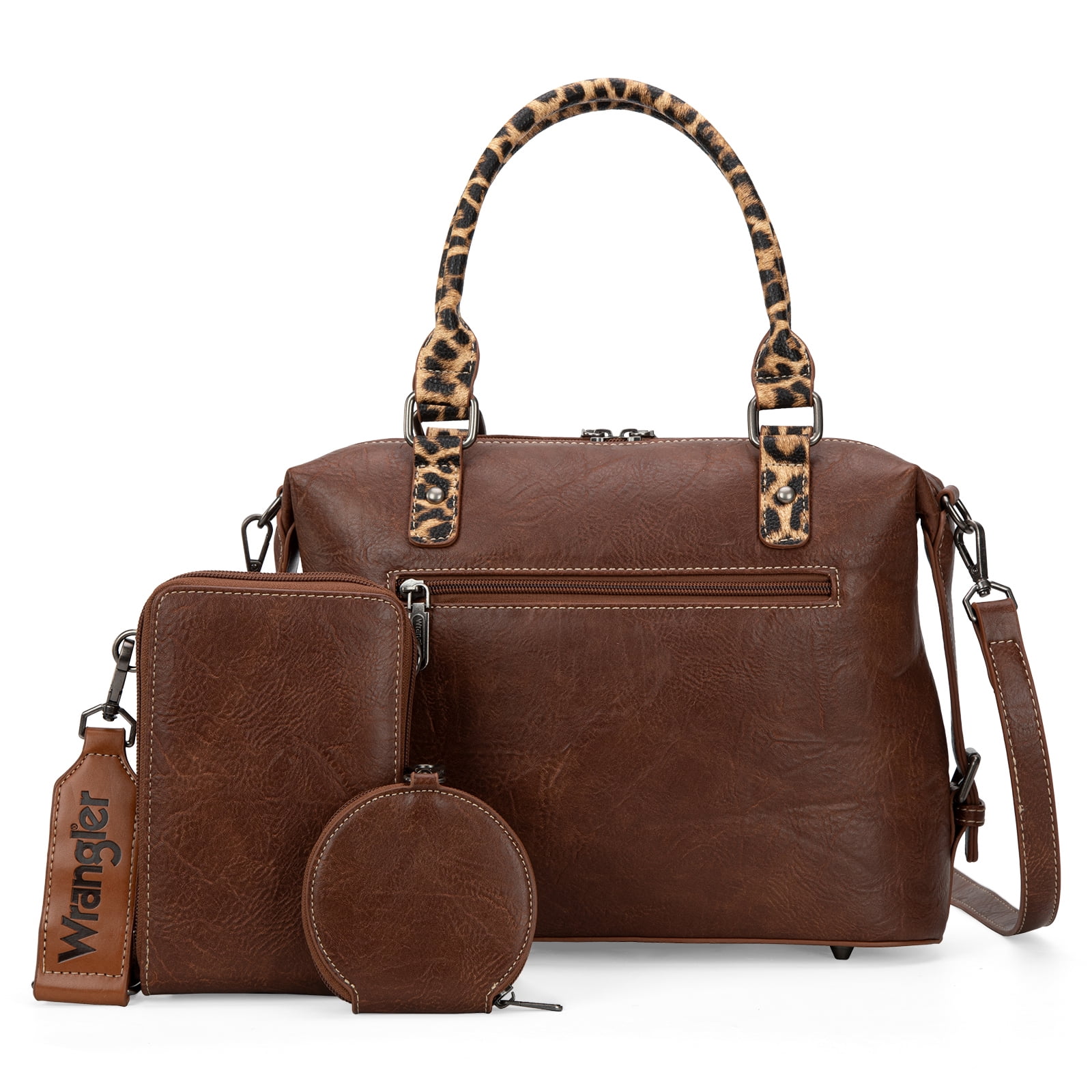 Wrangler 3Pcs Doctor Bag Sets for Women Top-Handle Satchel Bag with Cell Phone Handbags & Coin Purse, Leopard-Brown