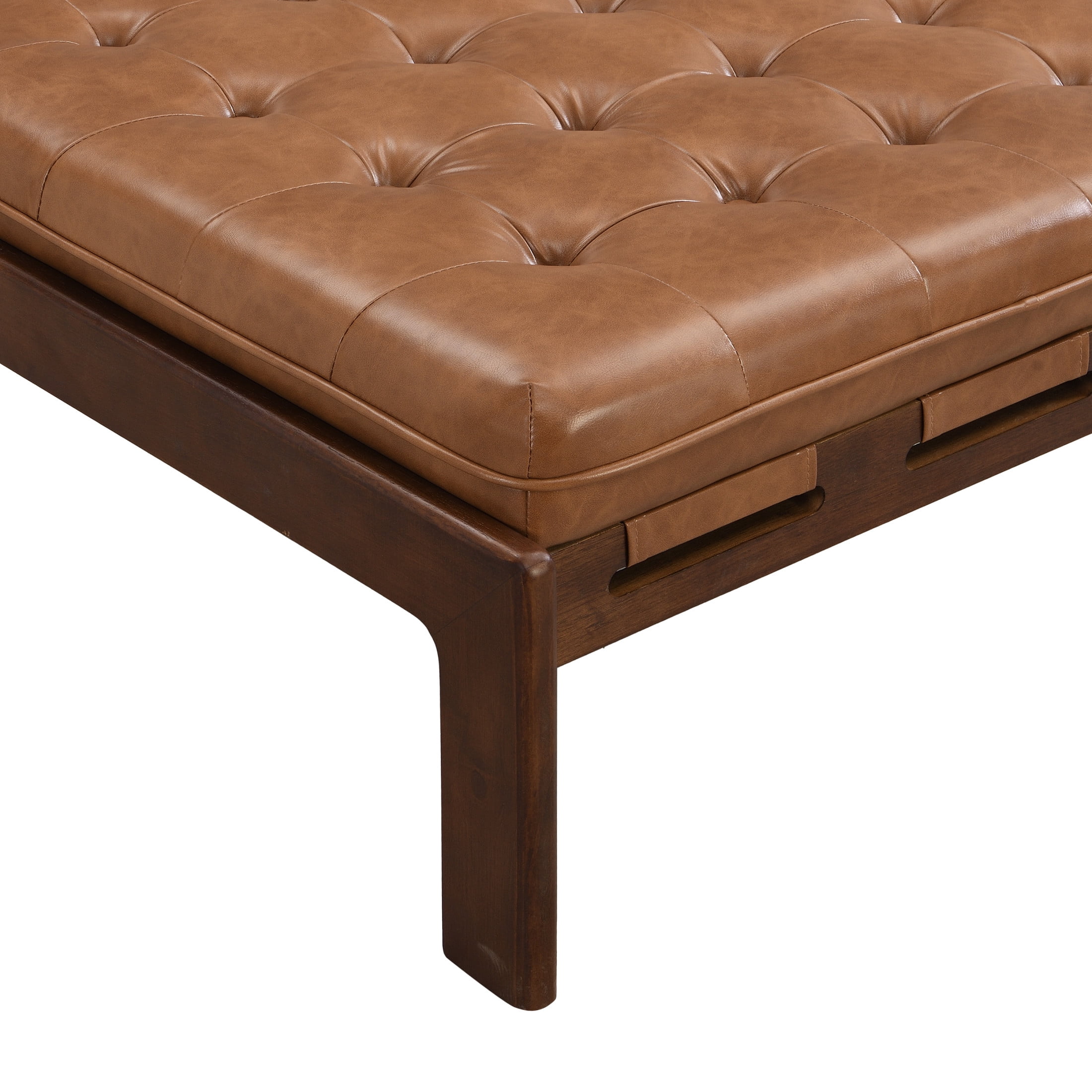 Christopher Knight Home Classic 34'' PU Leather Ottoman, Button-Tufted Cocktail Ottoman with Solid Wood Frame, Multi-Functional Footstool & Coffee Table, Brown