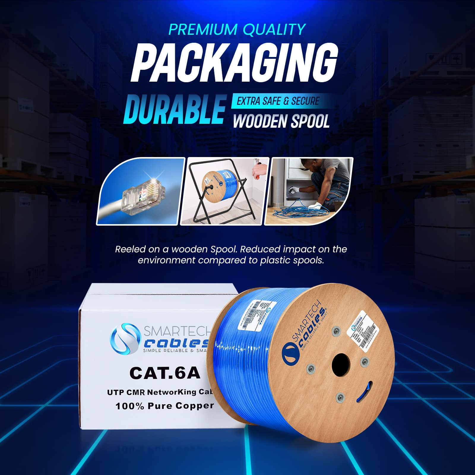 1000ft Cat6A Riser Ethernet Cable, Pure Copper CMR Rated, 23AWG UTP, 750MHz | Commercial Installations & Gaming - Blue