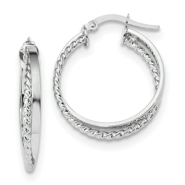 14K White Gold Polished & Textured Hinged Hoop Earrings