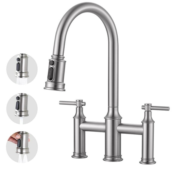 Wowow 8 Inch Centerset Bridge Kitchen Faucet with Pull Down 3 Function Sprayer and 360° Swivel Spout, Brushed Nickel