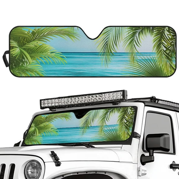 Uorisanigo Windshield Sun Shade,Beach Palm Tree Sunshade for Jeep Wrangler JL JLU 2018-2024 Rubicon Sahara 2 Door & 4 Door & Gladiator JT-Blocks UV Rays Sun Visor Shield,Keeps Car Cool