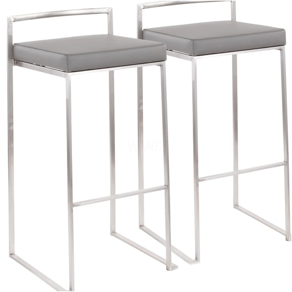 Fuji Contemporary Stackable Bar Stools, Set of 2, Grey Faux Leather Upholstered Seats, Metal Frame