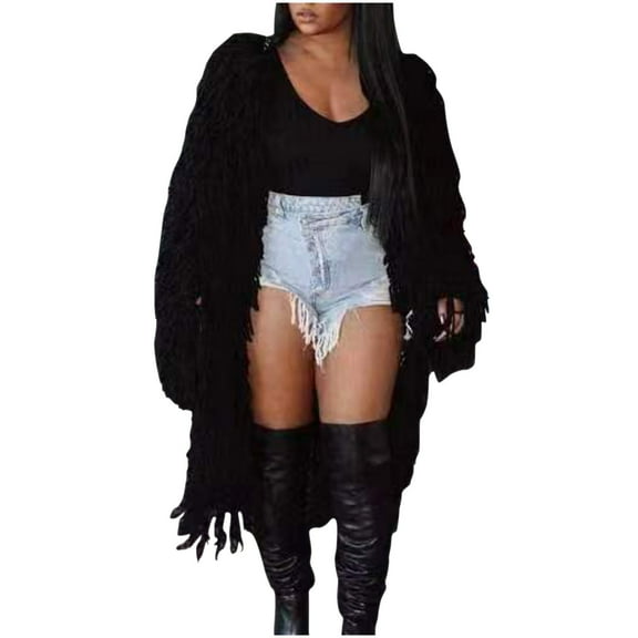 Elainilye Fashion Womens Dress Knitted Solid Color Long Sleeved Cardigan Casual Long Tassel Round Neck Long Sleeved Dress,Black