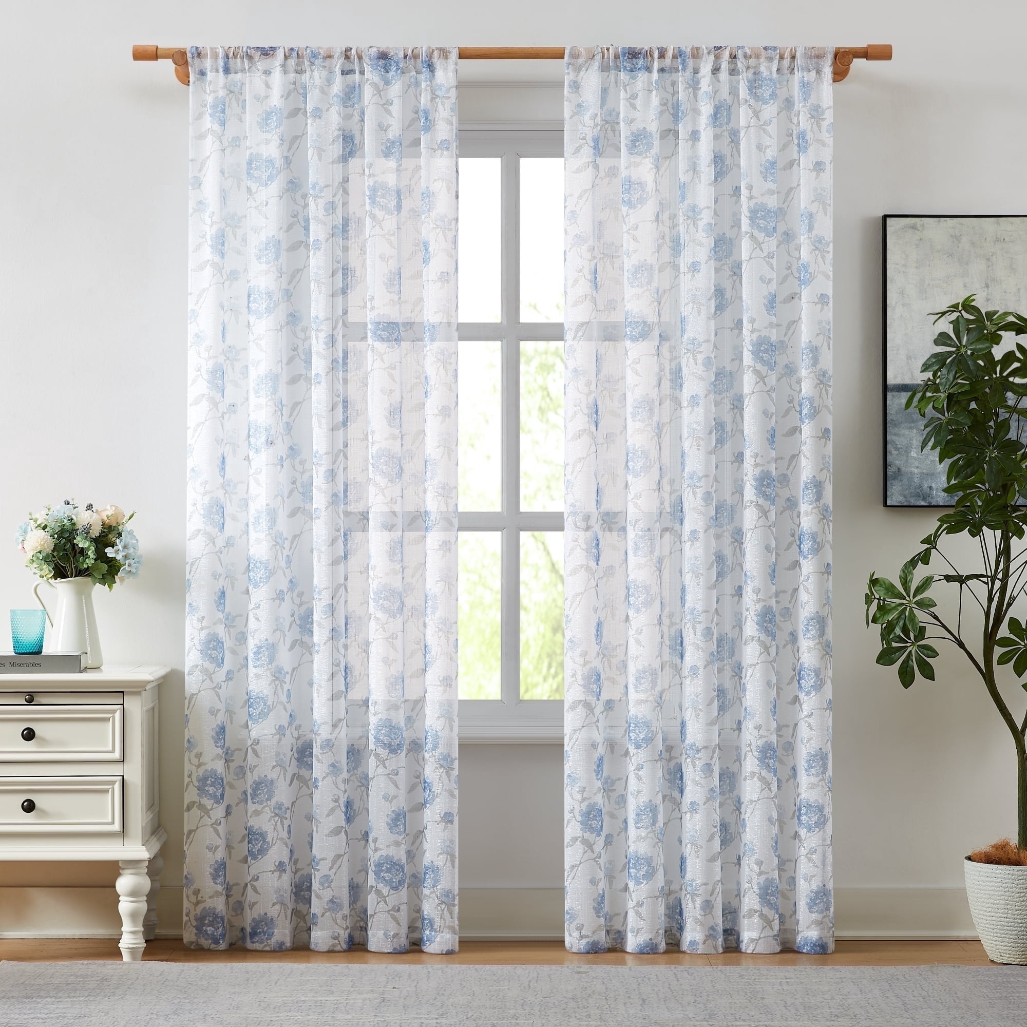 Bohogeo Blue Floral Leaf Print Poly Sheer Curtains with Linen Texture,2 Panels,84 inches in Length,Light-Filtering Privacy-Friendly Window Drapes with Rod Pocket for Living Room Decor,52W x 84L