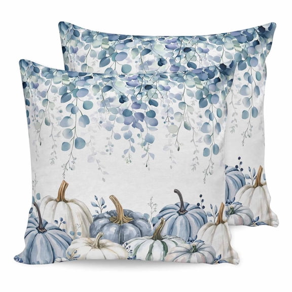 Pillow Covers 20x20 Set of 2, Blue Pumpkin Fall Throw Pillow Covers Decorative Couch Cushion Cover, Thanksgiving Eucalyptus Leaves Weeping Microfiber Soft Pillowcases for Bedroom Living Room Sofa