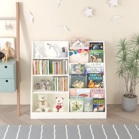 Toy Storage Organizer and Kids Bookshelf, Multifunctional 4 Tier Kids Bookcase with Bookcase Display Stand, No Chemical Smells, Toddler Bookshelf for Kids Rooms & Nursery, White