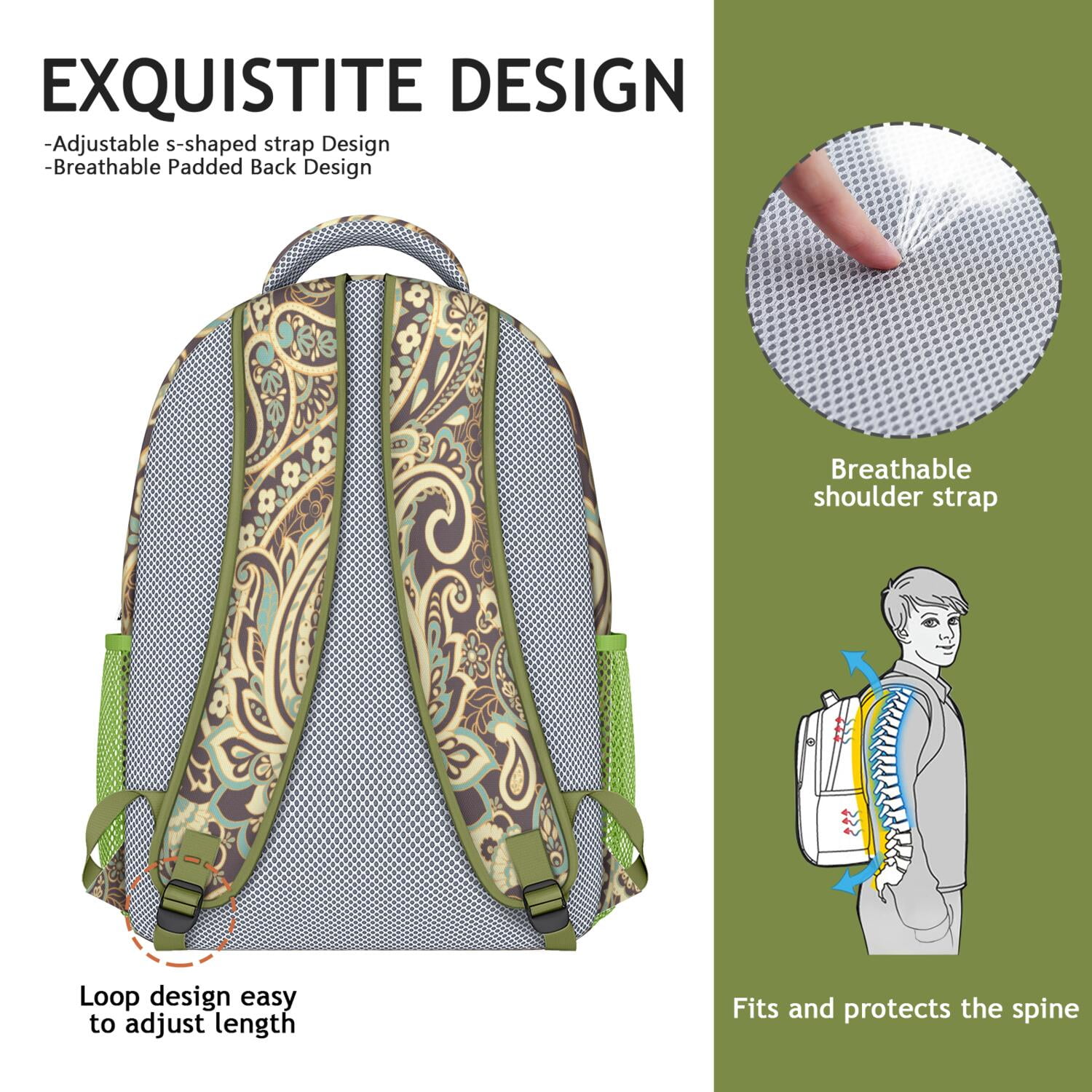 Elegant Paisley Boho Design Backpack - Waterproof & Durable Bookbag with Spinal Support for Students
