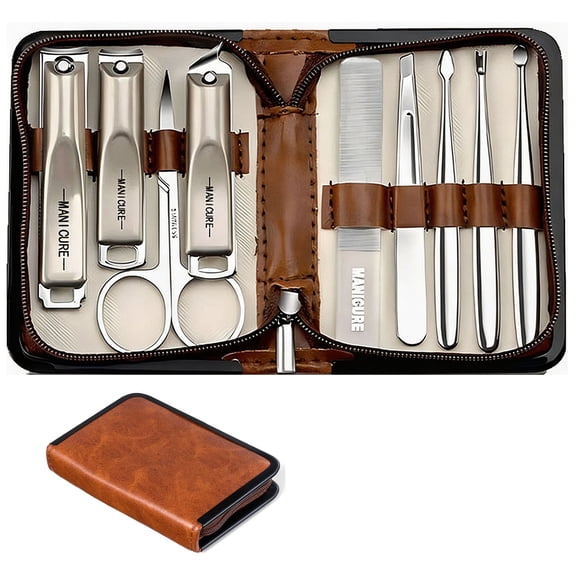 Manicure Set 9 Pcs Nail Clippers Care Kit Professional Pedicure Care Tools Steel Cuticle Grooming Kit Cutter & File Scissors & Fingernails with Bag Case for Travel or Home(Brown)