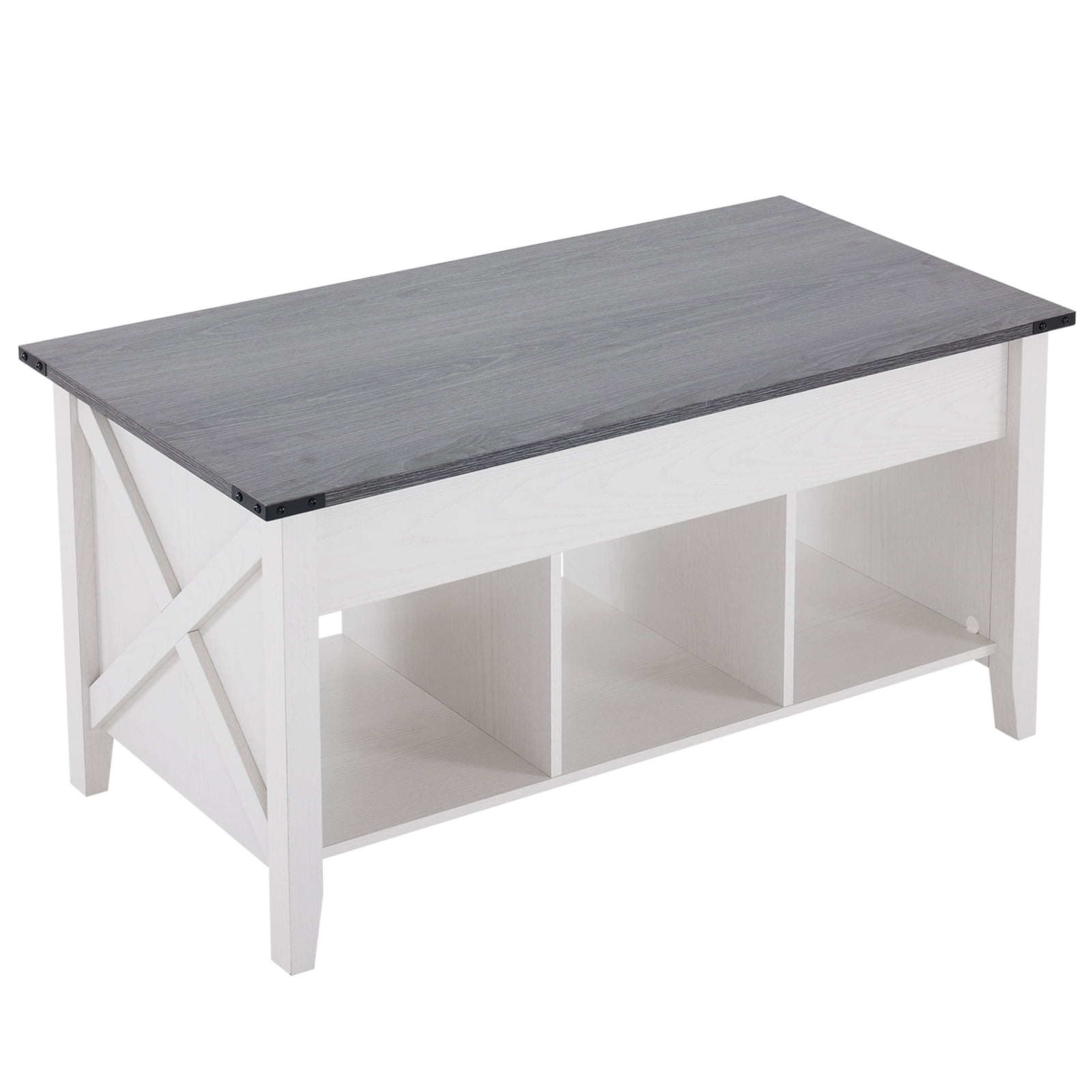 Ktaxon Mid-Century Lift Top Coffee Table, Multi-Functional Lift Tabletop Center Table for Living Room with Hidden Storage Compartment & 3 Cube Shelves, White & Gray