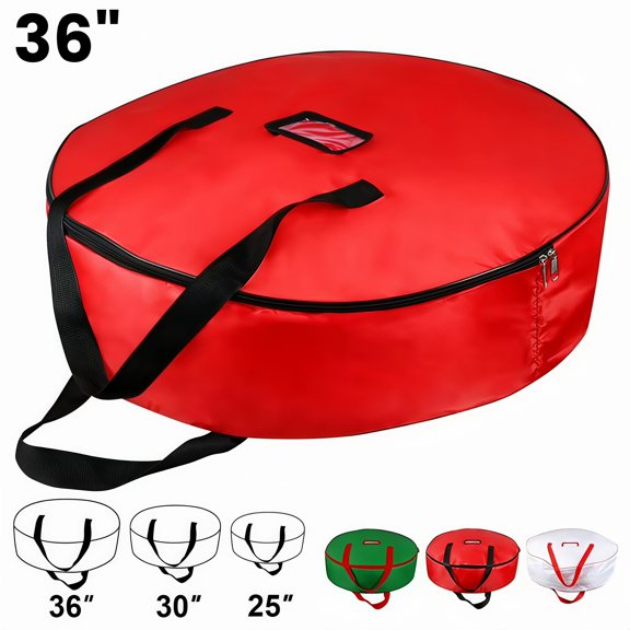 36" Large Wreath Storage Bag - Heavy-Duty Container, Christmas Ornament Storage, Zippered Holiday Cover, Red