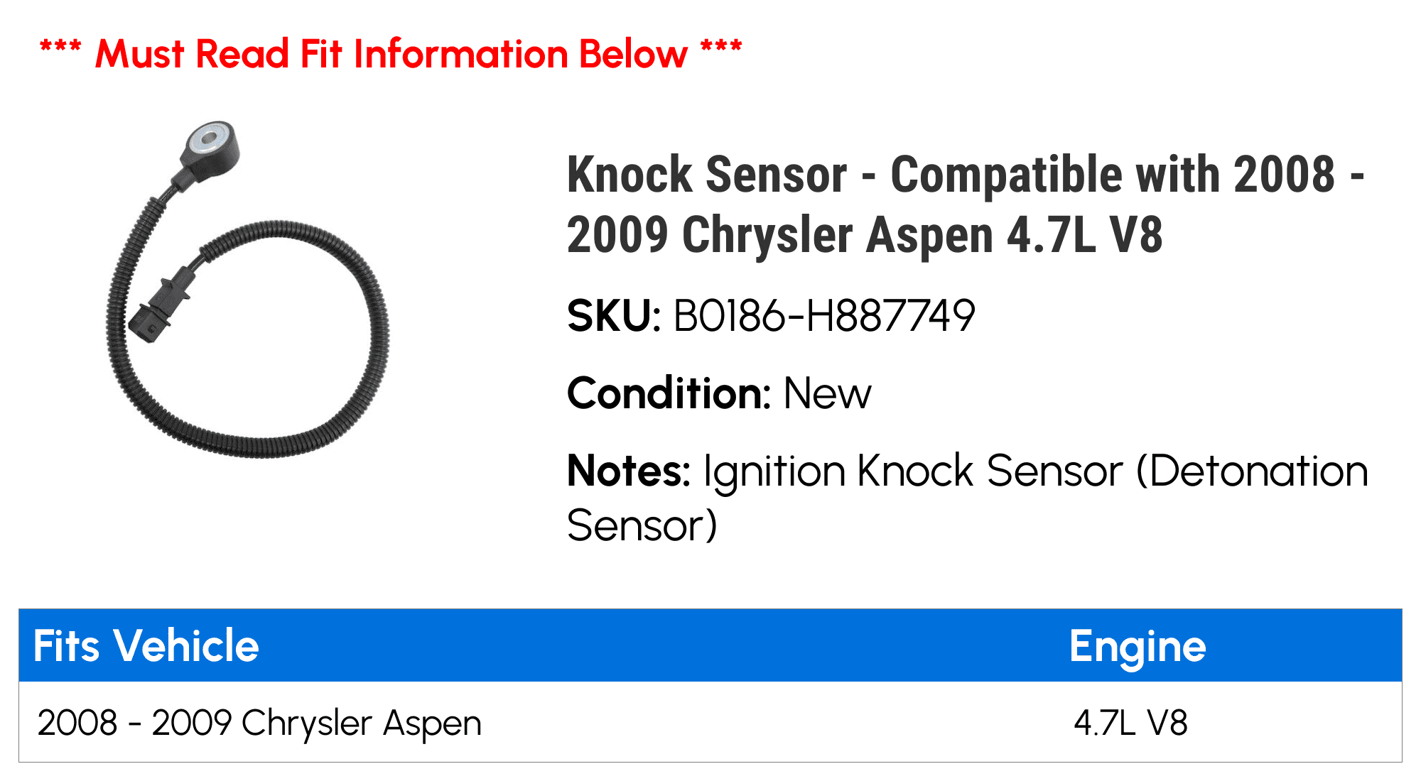 Knock Sensor - Compatible with 2008 - 2009 Chrysler Aspen 4.7L V8
