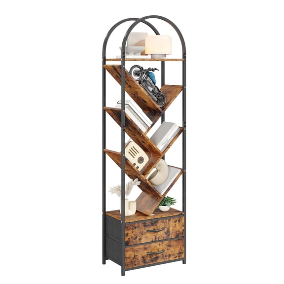 6-Tier Tree Bookshelf with Fabric Drawers, 55" Tall Narrow Bookcase for Small Spaces - Vertical Display & Storage Shelf, Wood & Metal Frame for Home Office, Bedroom, Living Room