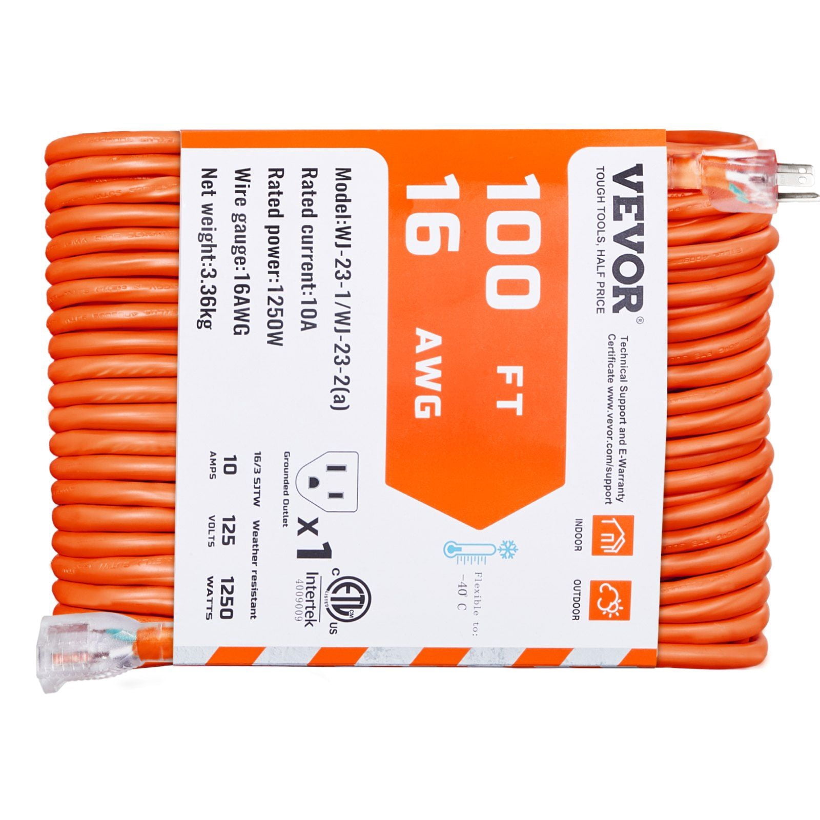100FT Heavy Duty Outdoor Extension Cord, 16/3 AWG SJTW, 3 Prong Grounded Plug with Lighted End, 10A 1250W, Yellow - for Power Tools, Lighting, Christmas Decorations