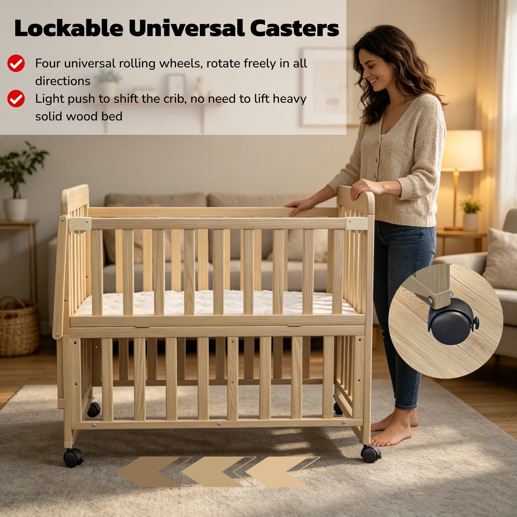Mintazer Convertible Kids Crib with Changing Station & Height Adjustable, Bedside Bassinet with Lockable Wheels for Newborn Toddler, Natural (Mattress Included)