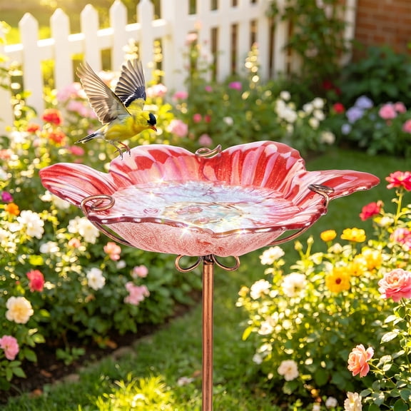 12-Inch Outdoor Bird Bath Glass Birdbath Garden Birdfeeder with Metal Stake Red