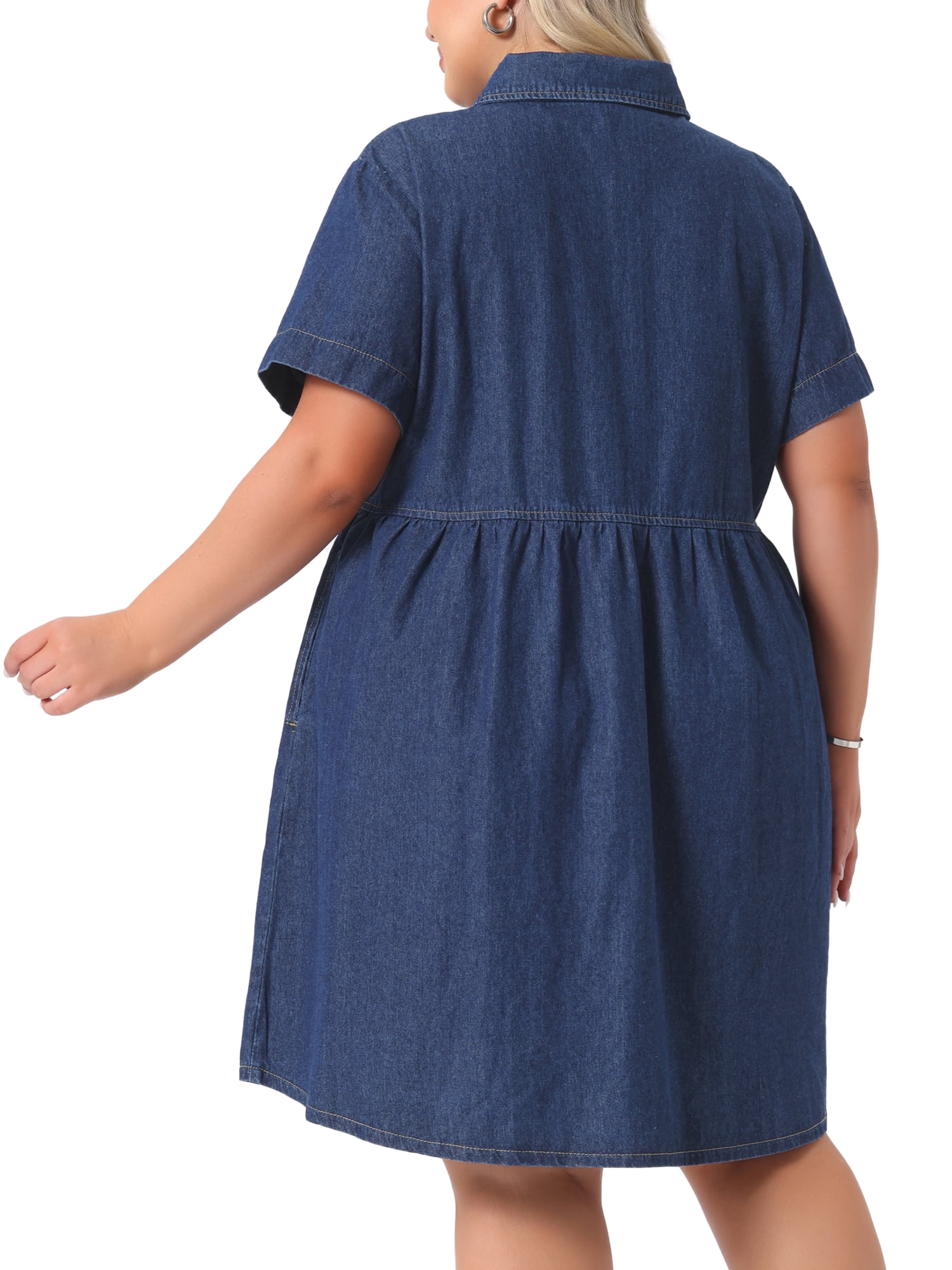 DARING DIVA Women's Plus Size Casual Denim Babydoll Pockets Dress 1X Dark Blue