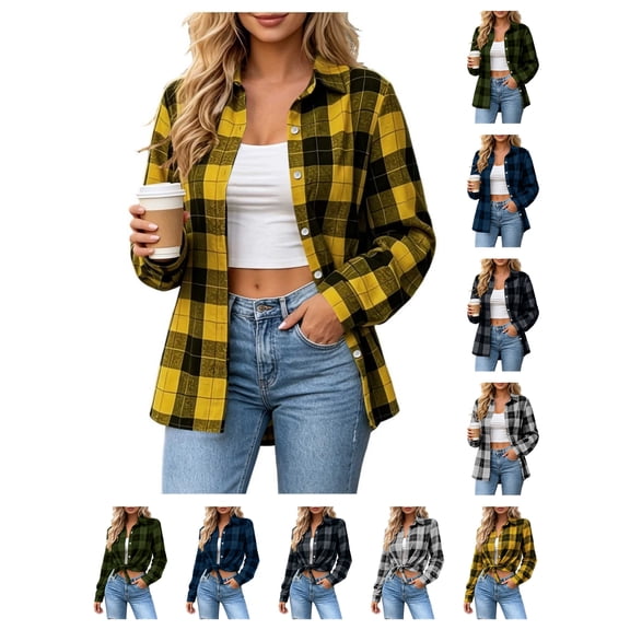 Nmnitkp Jackets for Women Plaid Flannel Shirt Button Down Lapel Collar Long Sleeve Loose Casual Layering Outerwear Lightweight Checked Jacket For Fall Daily Wear Yellow,S