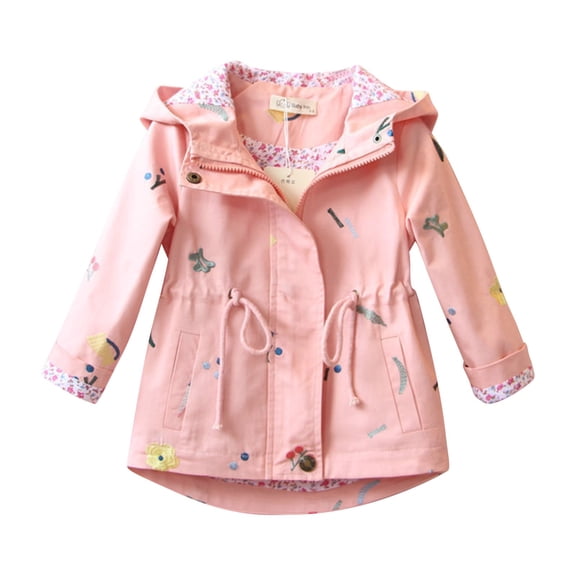 EnJoCho Girl Toddler Solid Color Zip Hooded Rain Jacket Waterproo𝖿 Windbreaker Embroidery Drawcord Waist Raincoat Outerwear Lightweight Windproof Spring Fall Rainwear