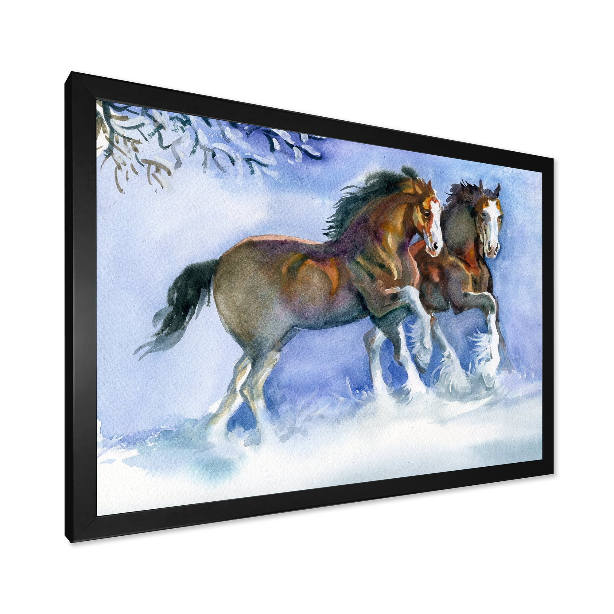 Designart 'Horses Running In Winter On Blue' Farmhouse Framed Art Print