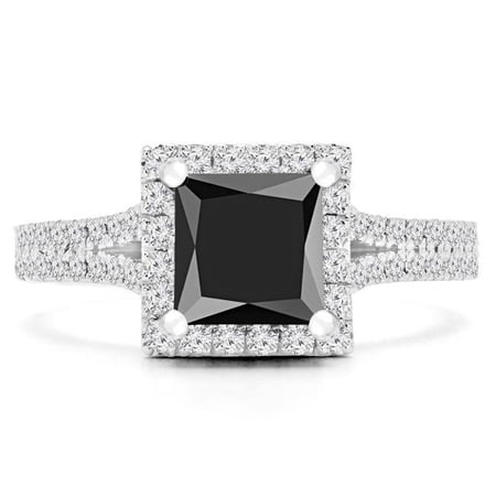 1.5 CTW Princess Black Diamond Two-Row Princess Halo Engagement Ring in 14K White Gold - Size 8