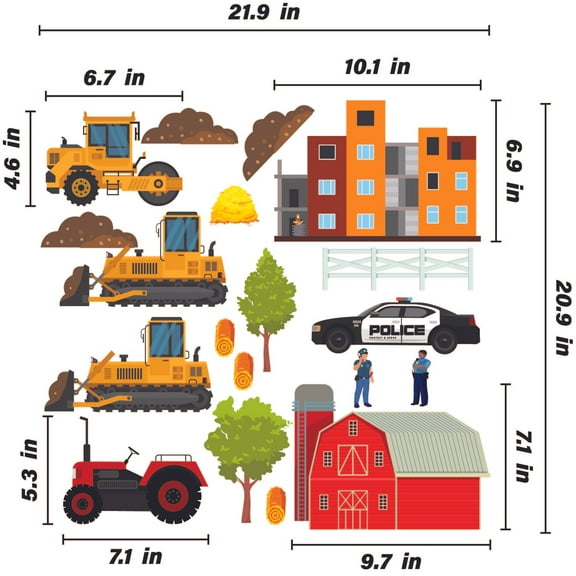 THE CITY - Removable Home Art Farm Barn & Buildings Design Multicolored Vinyl Wall Decal Sheet - Stick And Peel Kids Bedroom Police & Construction Vehicles Adhesive Wall Decor Sticker 21.9" x 20.9"