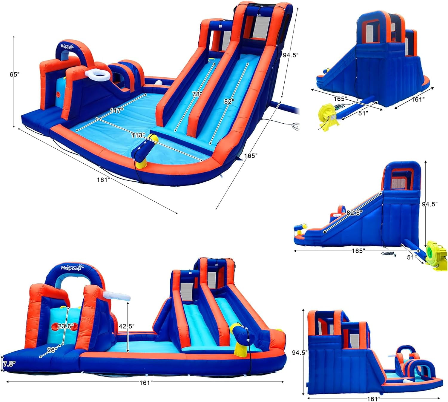 Hapcap Inflatable Water slide with Climbing, Slides, and Pool for Kids, Bounce House with Tunnel and Air Blower