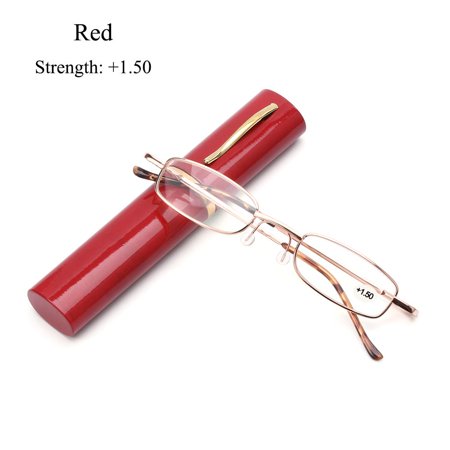 Unisex Small Compact Spring Hinge Metal Case with Pen Tube Case Reading Glasses Portable Presbyopic Glasses RED STRENGTH 1.50