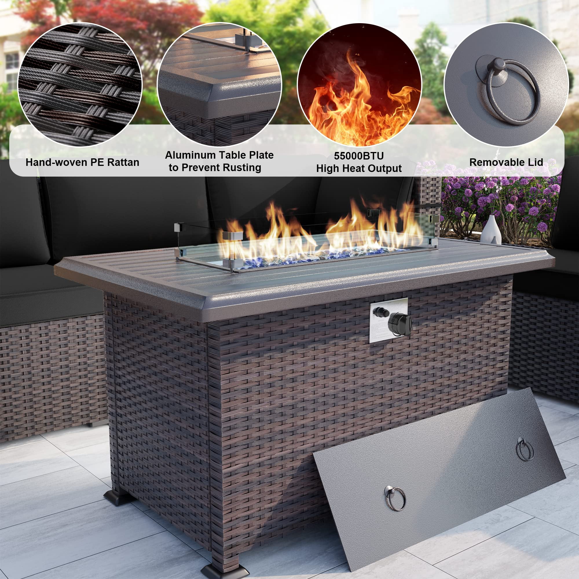 ALAULM 7-Piece Patio Conversation Set with Propane Fire Pit Table, Black