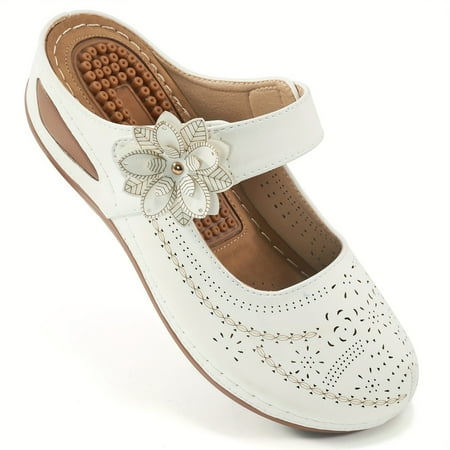 

Women s with Arch Support and Flower Decor Massage Wedge Mules