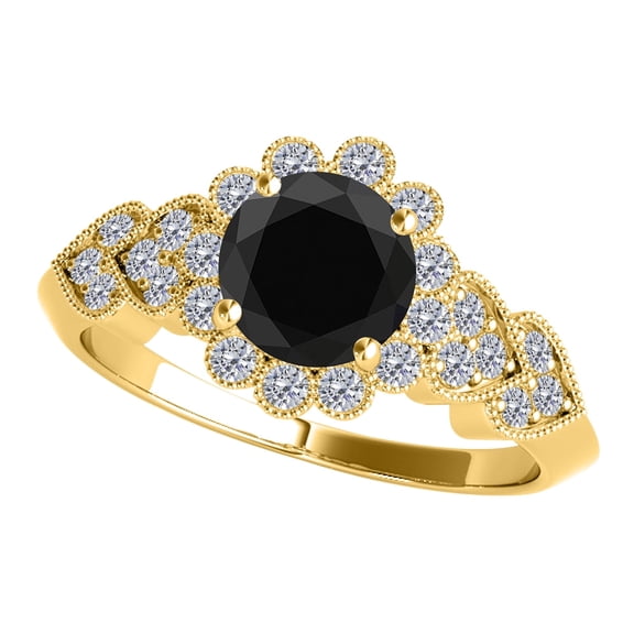 Mauli Jewels Engagement Rings for Women 1.15 Carat Black Diamond Halo Engagement Ring 4 prong 14K Solid Yellow Gold