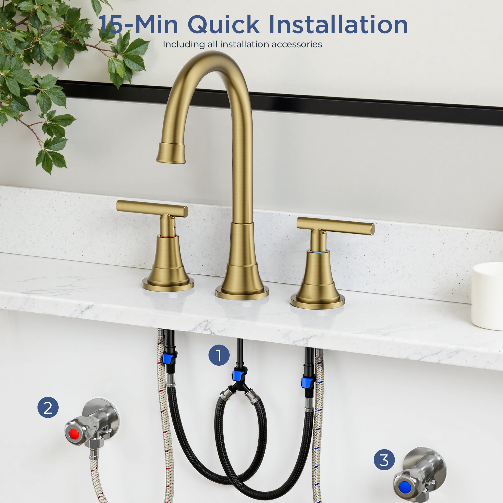 TVOFEK 8 inch Widespread Bathroom Sink Faucet 3 Hole with Pop up Drain and cUPC Hose, 2 Handle Brushed Gold Vanity Faucet with 360° Spout for Restroom, RV, Bar