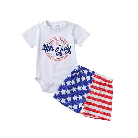

jaweiwi Baby Toddler Boy Fourth of July Outfits 0 6M 9M 12M 18M 24M Short Sleeve Graphic Romper + Stars Stripes Shorts Clothes Set for Independence Day