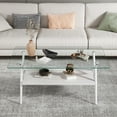 thumbnail image 3 of Rectangle Glass Coffee Table with Double Layer Storage Center, Modern Clear Coffee Table Tea Table Cocktail Table with White Sturdy Metal Legs for Living Room Home Office, Transparent Tempered Glass, 3 of 9